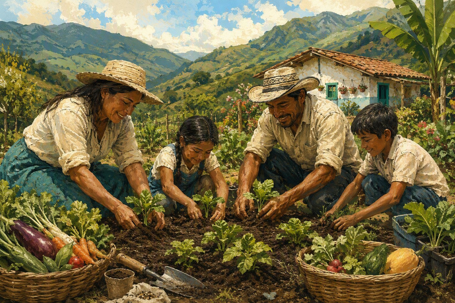 Ilustración de una familia campesina sembrando una huerta