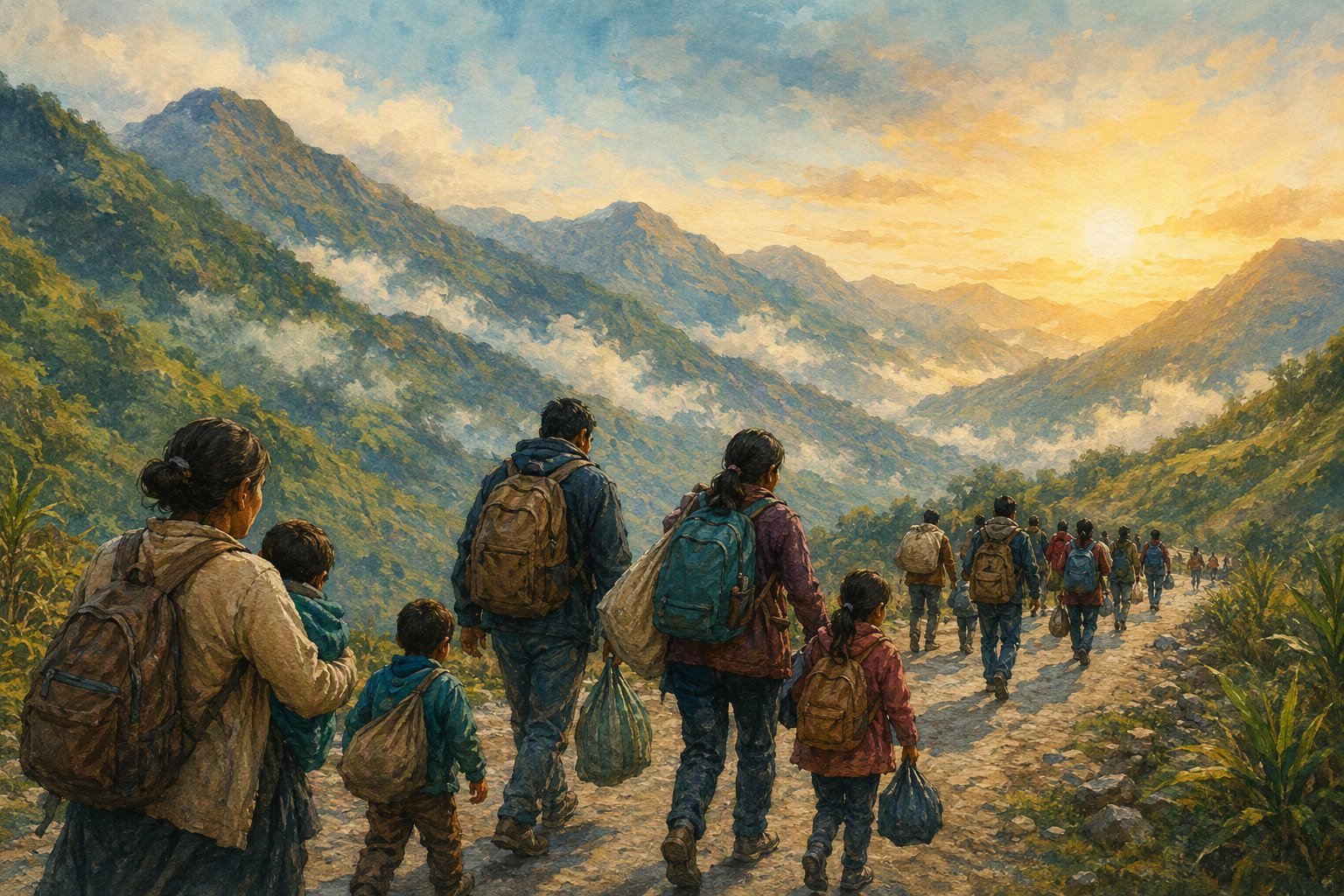 Ilustración de familias desplazadas caminando por una carretera de montaña