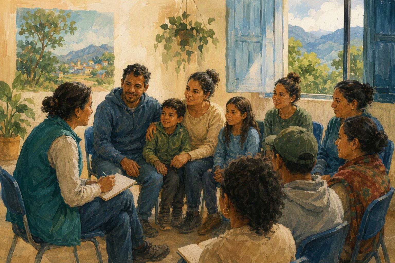 Ilustración de una sesión comunitaria de apoyo psicosocial
